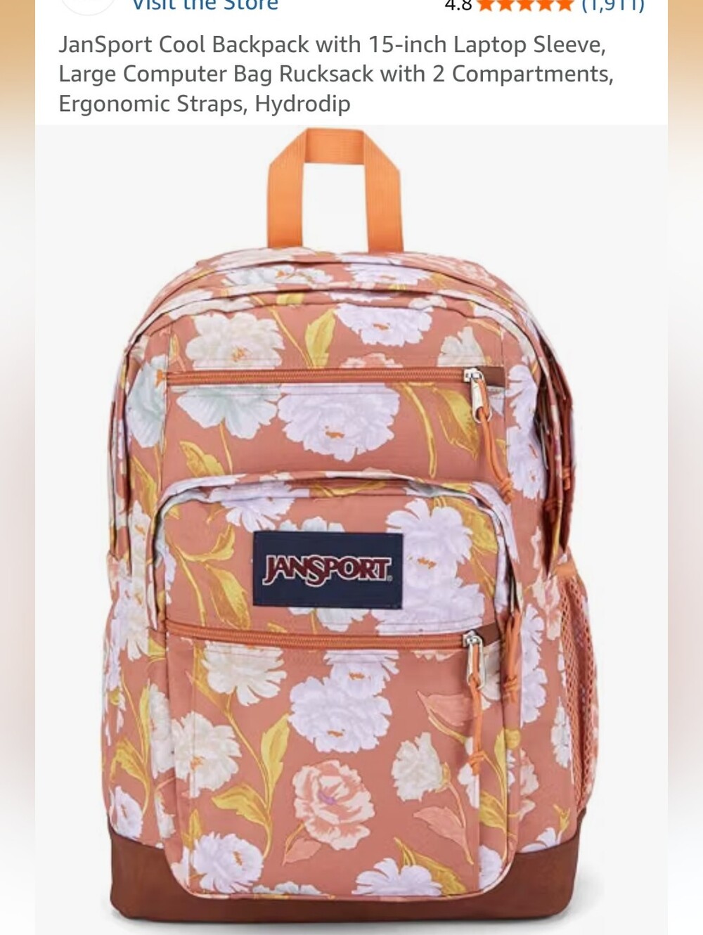 Jansport Peach Floral Backpack with White Blooms - Picture 1 of 3